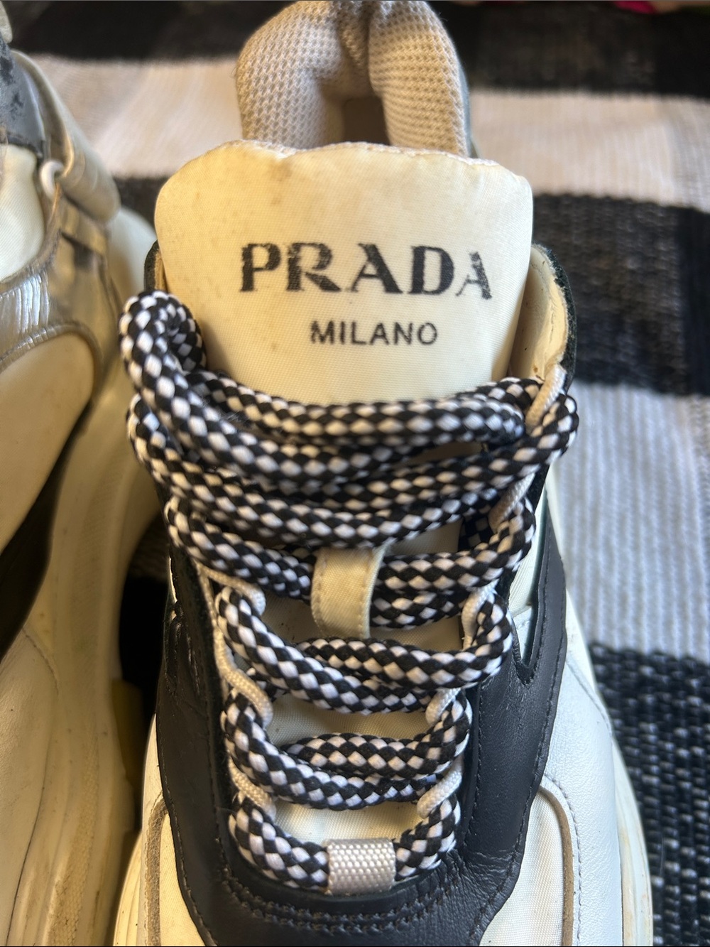 Prada Chunky Lace-Up Sneakers in Cream, Black & Gray - Picture 2 of 10